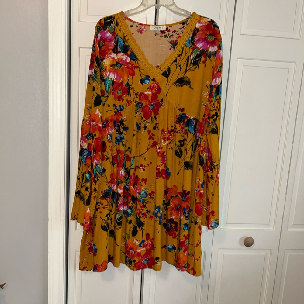 Umgee Mustard Floral V-Neck Long Sleeve Swing Dress